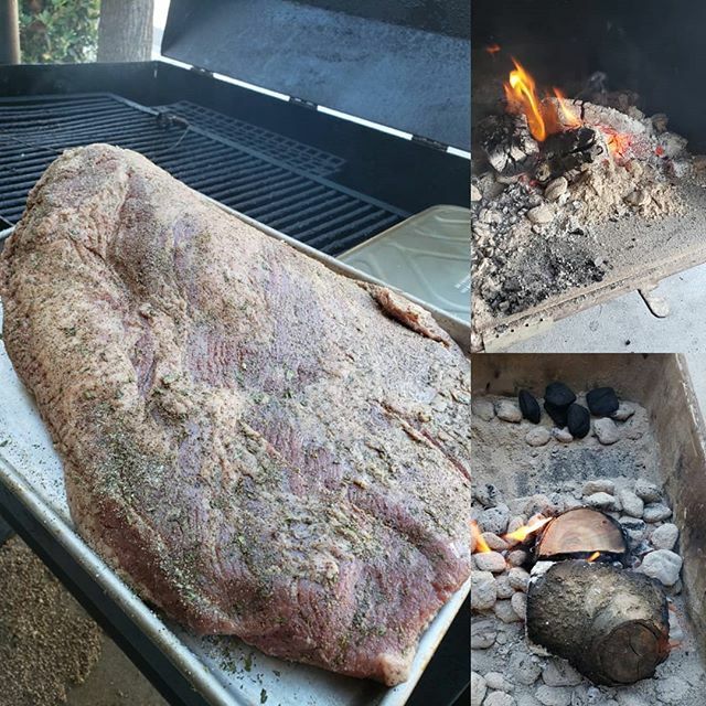 TOWGrill's tweet photo. Working hard to master heat control.  Good old fashioned American steel offset smoker.  We'll check back on the cherry wood smoked brisket in about 6 hours to wrap or let it keep rolling.
#slowandlow https://t.co/qrbJJl3TSb https://t.co/S5Yinai3zG
