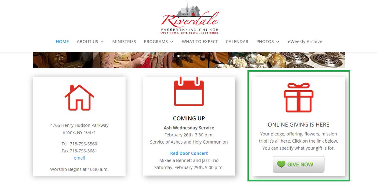 Image description: a screenshot of the homepage of the Riverdale Presbyterian Church. Highlighted in a green rectangle is the Give Now button.