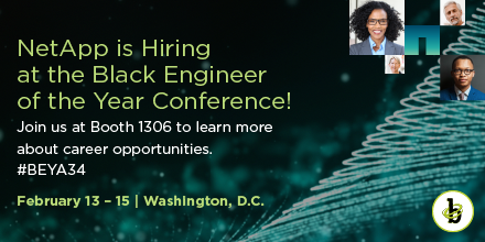 LifeAtNetApp's tweet photo. The #NetApp team is looking forward to celebrating diversity in #STEM at the @BlackEngineer Conference! Stop by booth 1306 to learn about our career opportunities! #BEYA34 #LifeAtNetApp https://t.co/wcd26dQgGc