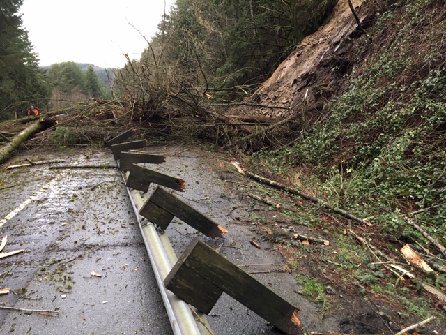 A northbound look at I-5 in southern Whatcom County in Washington state where a landslide ripped out a section of guardrail when it slid onto the highway.