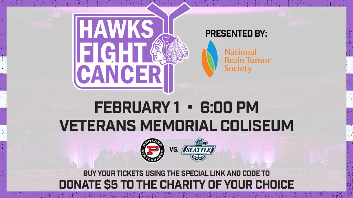 pdxwinterhawks's tweet photo. 💜 || Hawks Fight Cancer

Today is Hawks Fight Cancer night presented by the National Brain Tumor Society. 

Post a photo and use the hashtag #HawksFightCancer and you might see your photo on the Jumbotron at the game!

🎟️ https://t.co/01ca0gbil5 https://t.co/LD8jPk8rjk