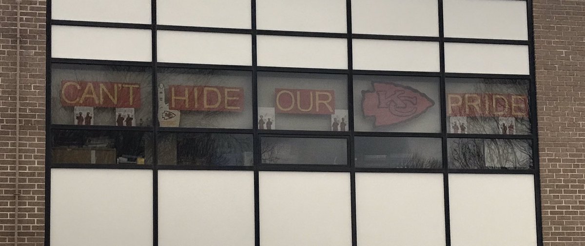 Mosiman2Harris's tweet photo. We had so much KC Chiefs Spirit in room 212 this week!! Hats, painting & pictures of all our #1 fans and special window decorations for all school visitors to see!! We even used the KC Chiefs as our inspiration during writing for our alliteration lesson. #ChiefSBWeek #BGEBears https://t.co/TA39qgCO8L