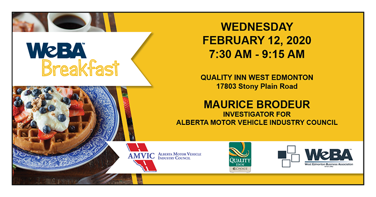 WeBANews's tweet photo. Please join us for breakfast on February 12th.  Our speaker will be Maurice Brodeur of AMVIC.
Tickets here:  https://t.co/Zu4QiO81jh

#yegevent #yegbusiness https://t.co/NGDBCDMdo0