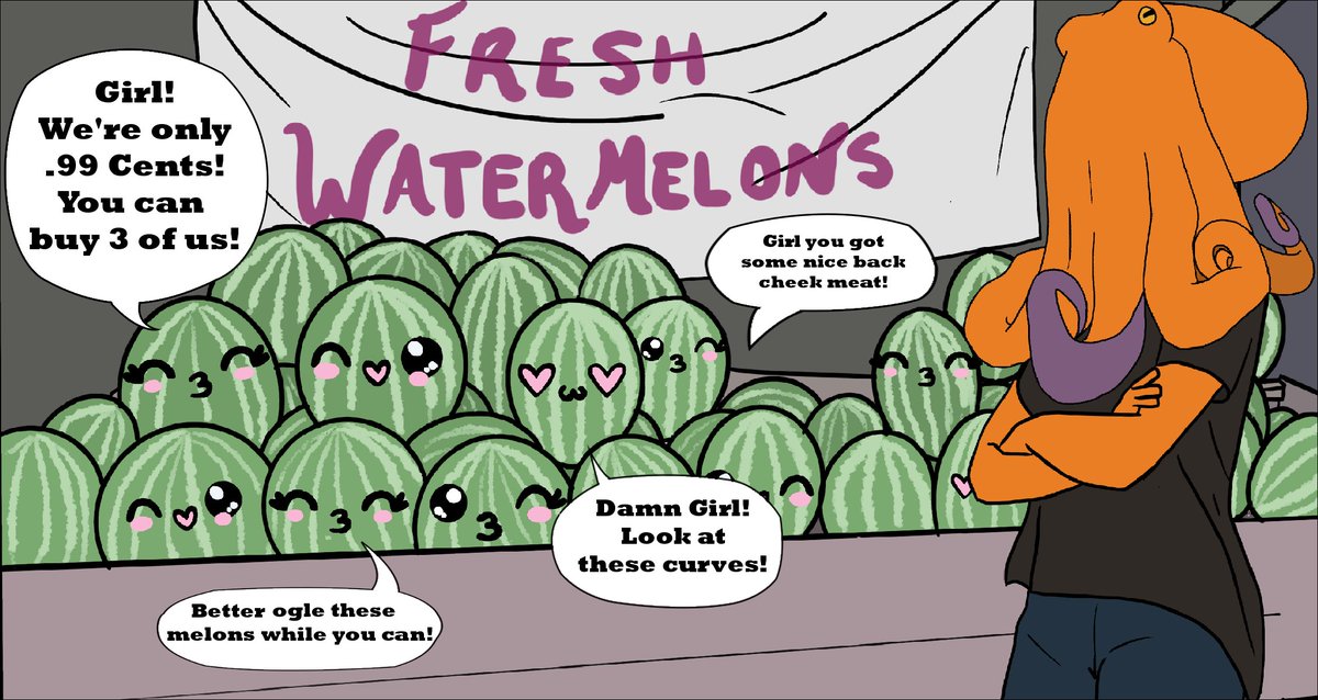 The_Conglo's tweet photo. These are some rude melons 🍈
#CongloLife #IndieComics #Comics #Comic #Drawn #Cartoons #Sketch #Humor #WebToon
#Ink #lol #illustration #Cartoon #Cartoons #UndergroundComics #ComicIllustration #SelfPublishing #SupportIndieComics
#melons #fresh #catcalling #freshmelons #Octopus https://t.co/98W5IzGtVY
