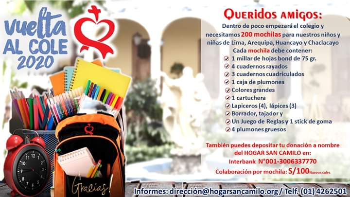Hogar San Camilo on X: ¡Hoy hemos empezado nuestra campaña escolar 2020!  Ayúdanos a juntar 200 mochilas con útiles escolares para nuestros niños y  niñas del HSC. ¡Comparte, colabora y educa!  /