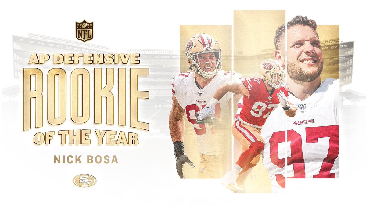 BOSAAAAAAAA! 

<a href="/nbsmallerbear/">Nick Bosa</a> has been named the 2019 <a href="/NFL/">NFL</a> Defensive Rookie of the Year 👏

📺: #NFLHonors | 5pm PT on FOX