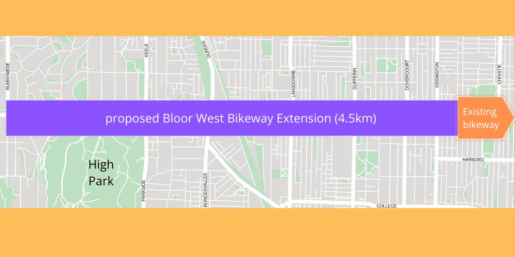 Bikeway map with the words "proposed Bloor West Bikeway Extension (4.5 km)