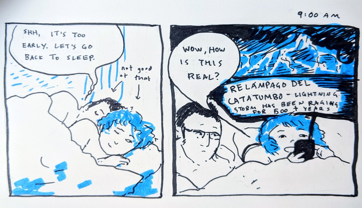 two panel comic, first panel contains one person telling the other "shh, it's too early, go back to sleep", second panel both looking at the others phone as that person says "wow, how is this real", there is a drawing of the relámpagp del catatumbo, a permanent lightning storm
