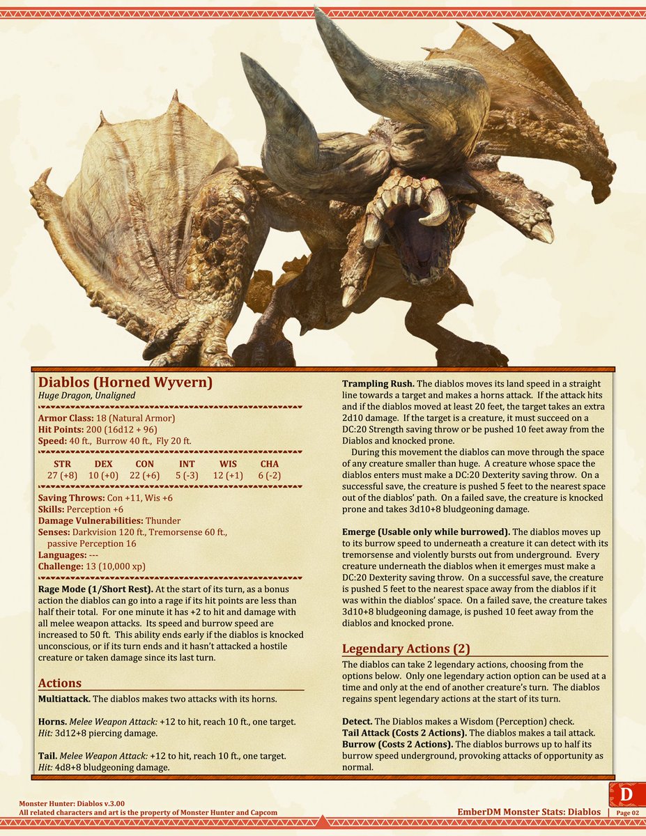 ember_dm's tweet image. Monster Hunter: Diablos 5e D&amp;amp;D Stats

The last of the original Monster Hunter statblocks I made, now updated.  Again, hopefully for the last time.  Diablos was probably one of the trickiest, trying to work its burrowing and reemergence into stats.  #DnD