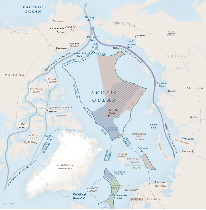 Of all nations, Russia has advanced the furthest in exploiting the Arctic for military purposes.Look again at the map in #28.Greenland's EEZ borders Norway's and Iceland's, but via the Continental Shelf precedent, the Greenland claim could extend into Russia's claim.29/