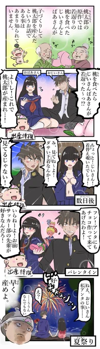 若返った桃太郎の爺さん婆さん。 