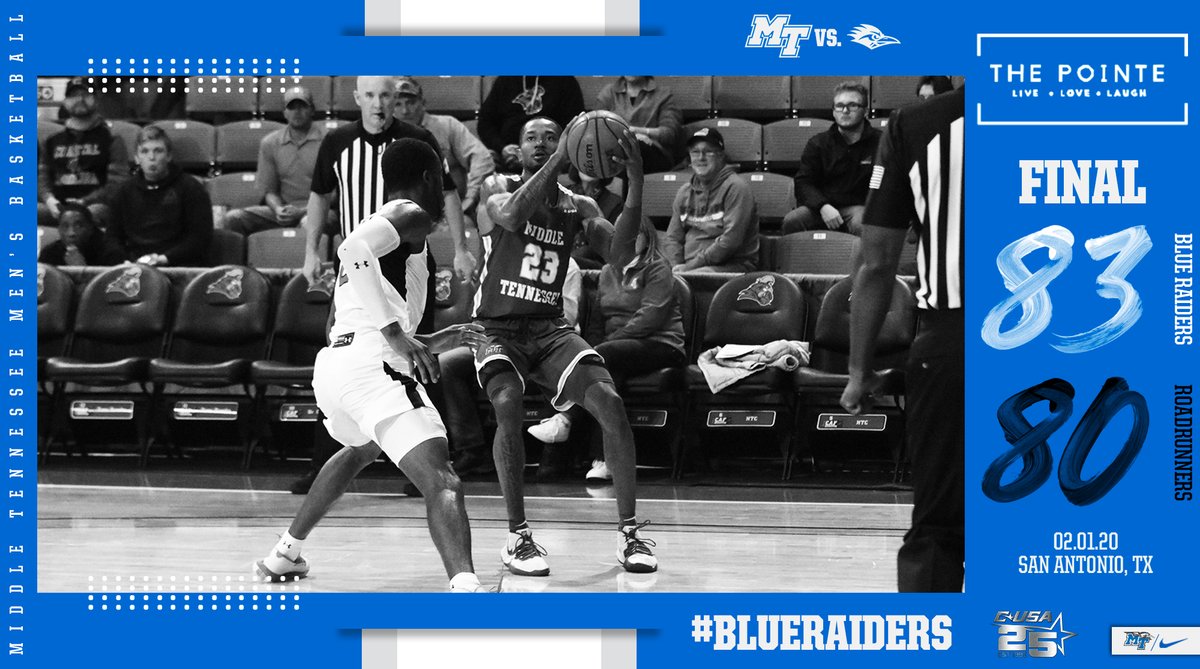MT_MBB's tweet photo. FINAL | Jones and Lawrence combine for 54, and the Blue Raiders WIN in San Antonio! 🙌

#BlueRaiders 🔵⚪⚡ https://t.co/QrsDsSL1k3