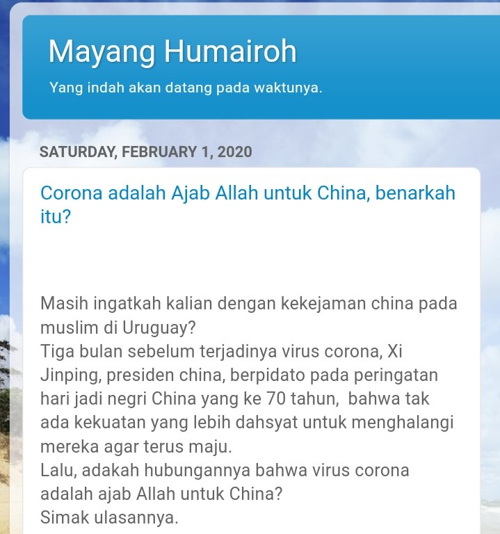 MayangHumairoh's tweet photo. Benarkah corona adalah bentuk ajab Allah untuk China?
Simak selanjutnya yuk di link berikut ini https://t.co/1Qj7C37nUb
#CoronaNCorruptionAreEnemies 
#coronaviruschina 
#corona
#opinion
#hotnews
#infoterkini
#beritahariini https://t.co/kKptG6cip4