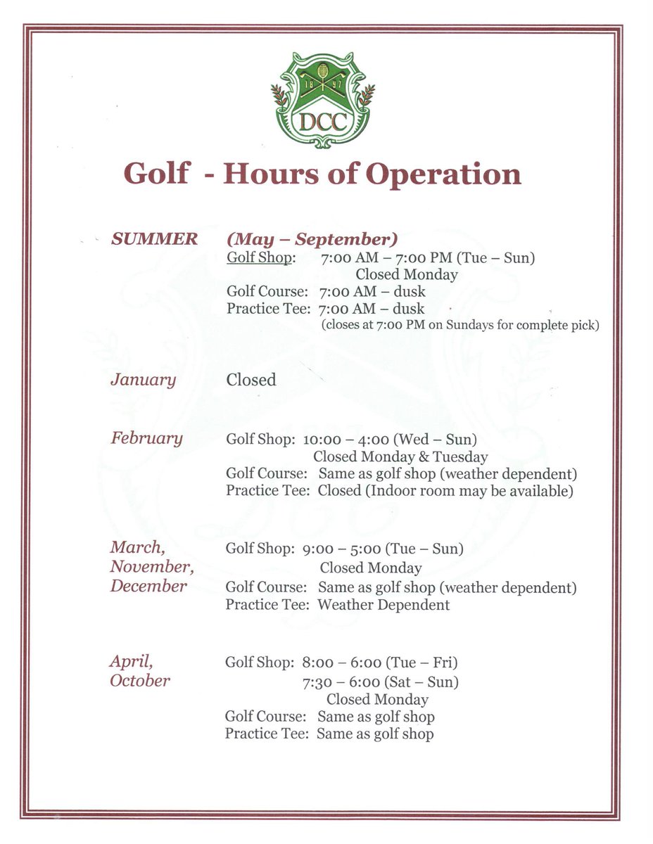 DCCClubInfo's tweet photo. 2020 Golf Shop hours⛳️⬇️ https://t.co/Gk1NPHO7Qi