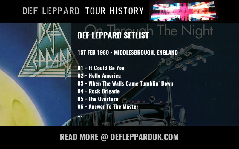 Def Leppard's 1980 On Through The Night album and a concert setlist.