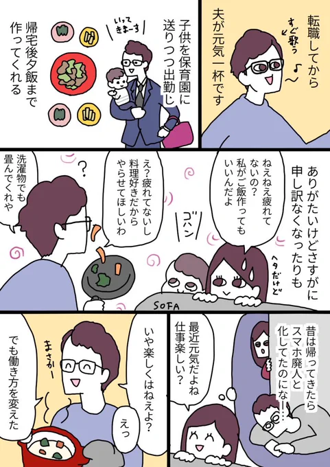 以前は家でスマホ廃人と化してた夫。最近とっても元気で活動的なので、仕事のストレスを引きずらないコツを訊いてみた漫画です。
仕事に限らず、気が重いイベントをこなす時(嫌いな人に仕方なく会うとか)にも使えるかもと思いました。
#エッセイ漫画 
詳細はブログに→ 