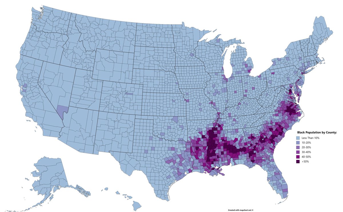 Uncrewed's tweet image. Since today is the start of Black History Month, here's a map of the black population of the United States by County. You can definitely spot the outline of the southern "black belt" here that stretches from Louisiana and Arkansas to Virginia.