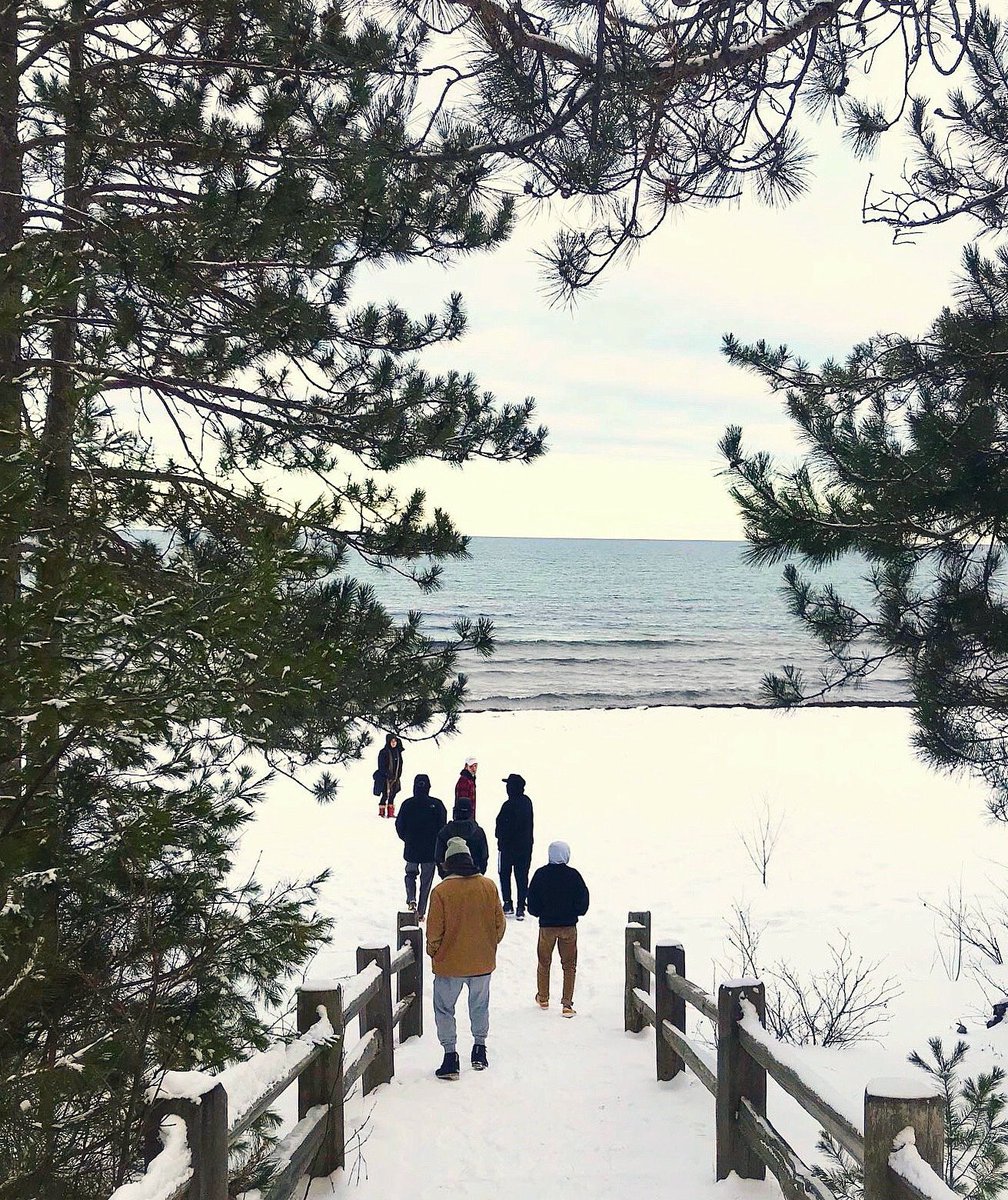 Students hike to Lake Superior in Marquette, MI