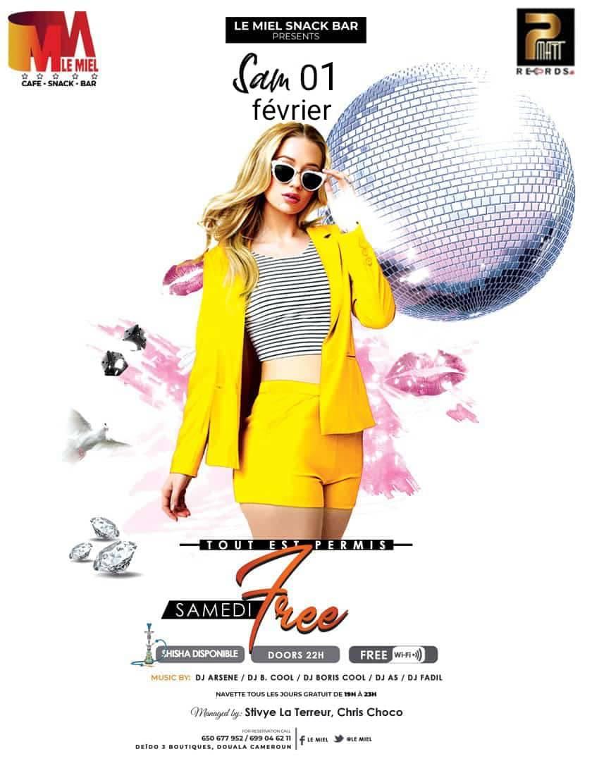 🍾 Party  🚩 Samedi Free
📅 01.02.2020
⌚ 22h00
👉 Le Miel Snack Bar - Deido
📞 650 677 952
#DlaYdeOut #Douala