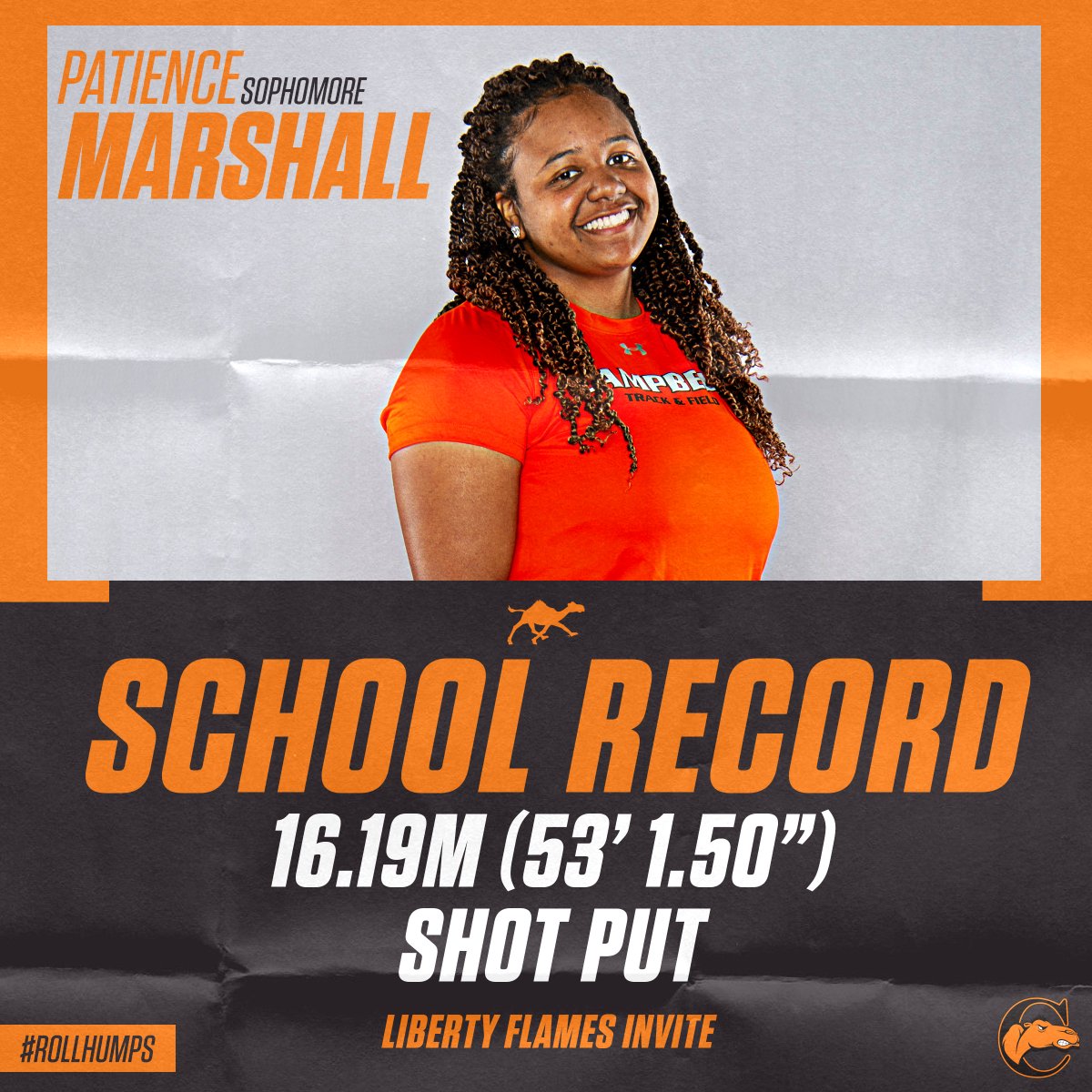 GoCamelsTFXC's tweet photo. Patience Marshall broke her own shot put school record AGAIN and Campbell collected 4 event wins (including 12 total podium finishes) as the Camels wrapped up competition at the Liberty Flames Invite and the Carolina Challenge!

📰 - https://t.co/wtL98fOmqn 

#RollHumps 🐪👟 https://t.co/IeilNXdatS