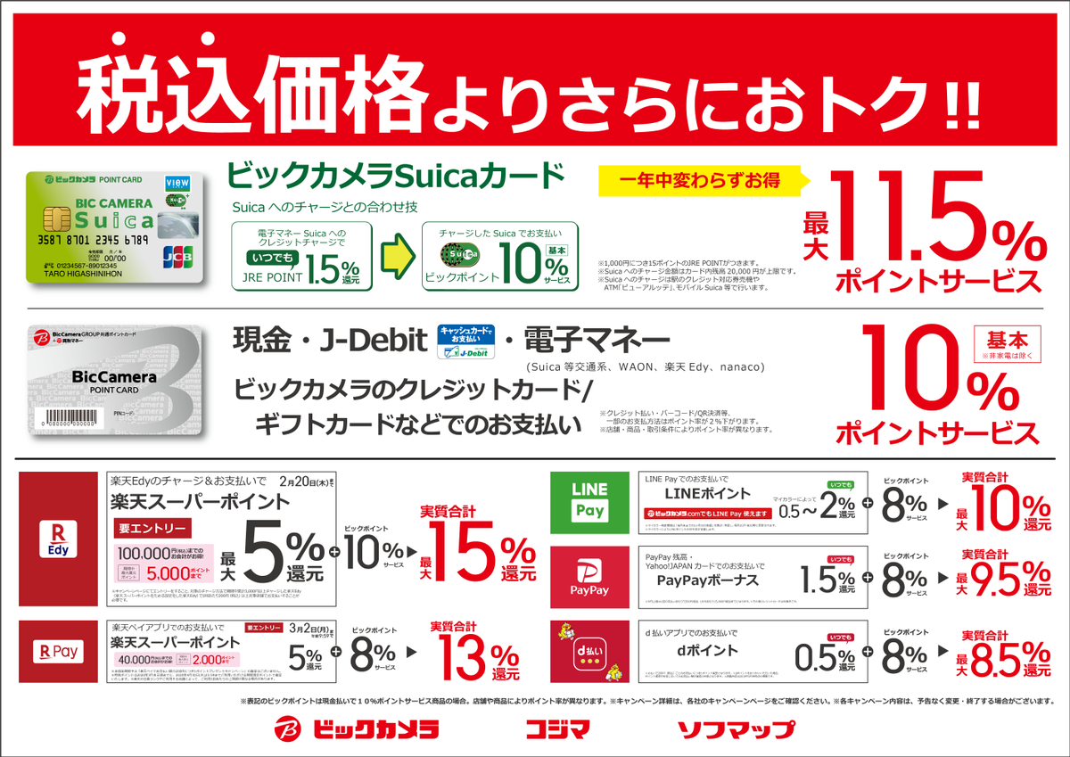 ビックカメラ札幌店 公式 ビックカメラでは Aupay 楽天ペイ メルペイ Origamipay Linepay Paypay D払い がご利用頂けます もちろんビックポイントも8 たまりますよ Qr バーコード決済一覧はこちら T Co Pfueb1ub7c 各