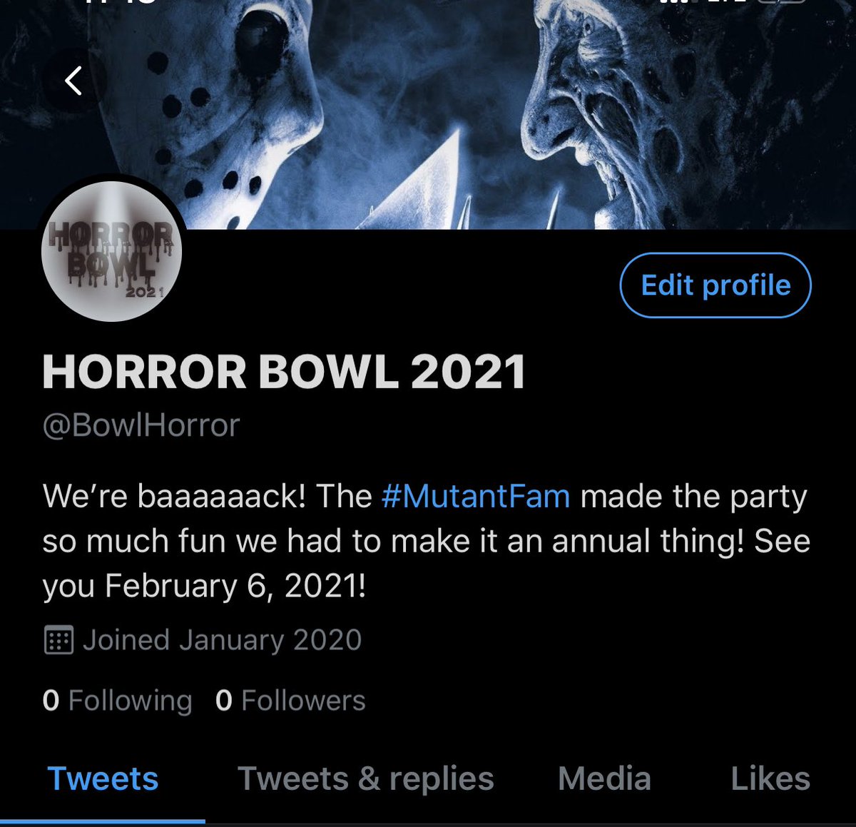 BowlHorror's tweet photo. Hey we heard you were
having a party tonight
#MutantFam?!?
Mind if we host next year?
See you February 6, 2021
#TeamMutantFam
@CafeMutant @REALSONICDANGER @mutanttheater2 @HeyahNew @thestitchkeeper @TDenton_1138 @NHorrorphile @FinalDear @KillerfromSpace https://t.co/QawA9HWdj0