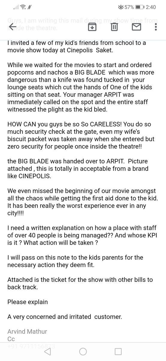 sonalimathur's tweet photo. #alert This happened on 19th January at #Cinépolis #Saket #horrible #experience!! No reply yet #CustomerService #NewDelhi #moviehall #shockingexperience #delhimovies #CinépolisDLFPlace
#entertainment #Delhi #movies #CinépolisIndia #moviereview #customerexperience #customercare https://t.co/rwbpBOSQro