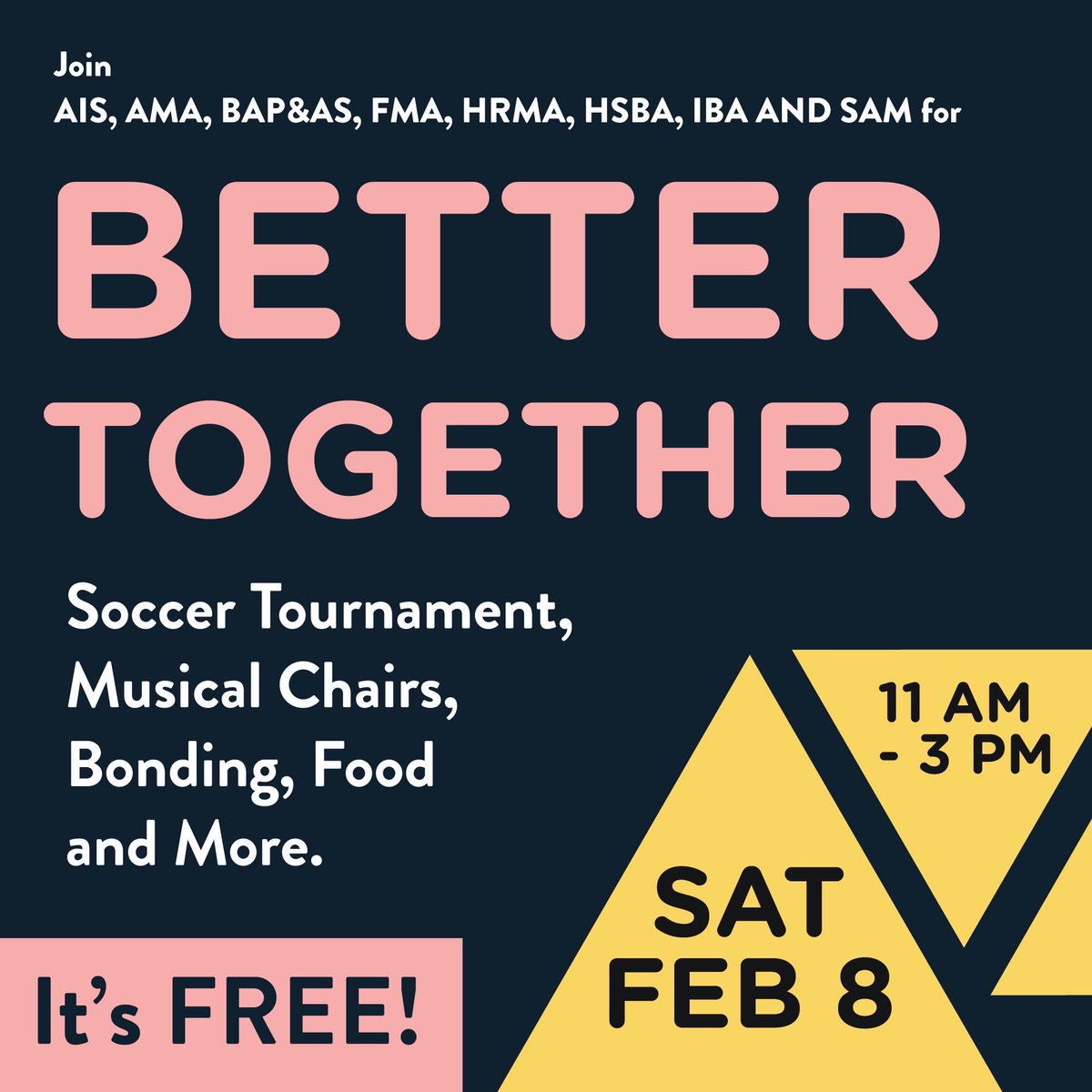 FREE food, FREE games, FREE prizes. Join AMA and other business orgs. on Saturday, Feb. 8 from 11 a.m. to 3 p.m. 

Fill out the link below if you plan to attend.

docs.google.com/forms/d/e/1FAI…

#CSULB #AMA #Marketing #college