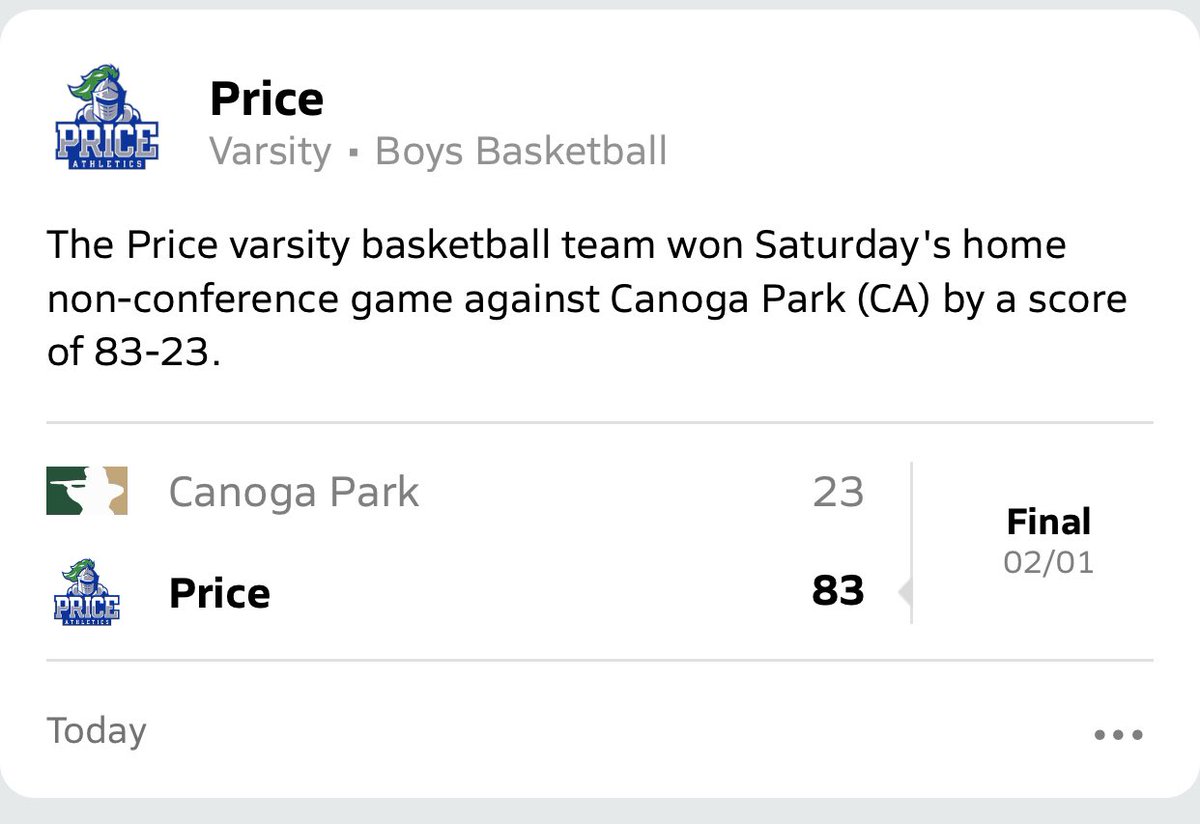 Price-83
Canoga Park- 23

<a href="/WimbotooniCe/">jbo</a> 
17pts, 5rebs, 5s

<a href="/__jdixon1/">Julian Dixon</a> 
16pts, 5rebs, 3s, 3a

<a href="/MooooBuckets/">Moooo_Buckets</a> 
16pts, 12rebs, 2b, 3a

@iameli00 
12pts, 11rebs, 2a,3s

Price moves to 20-7 on the year. 
Final regular season game Tuesday at Ribet Academy at 7pm! 

#GoKnights