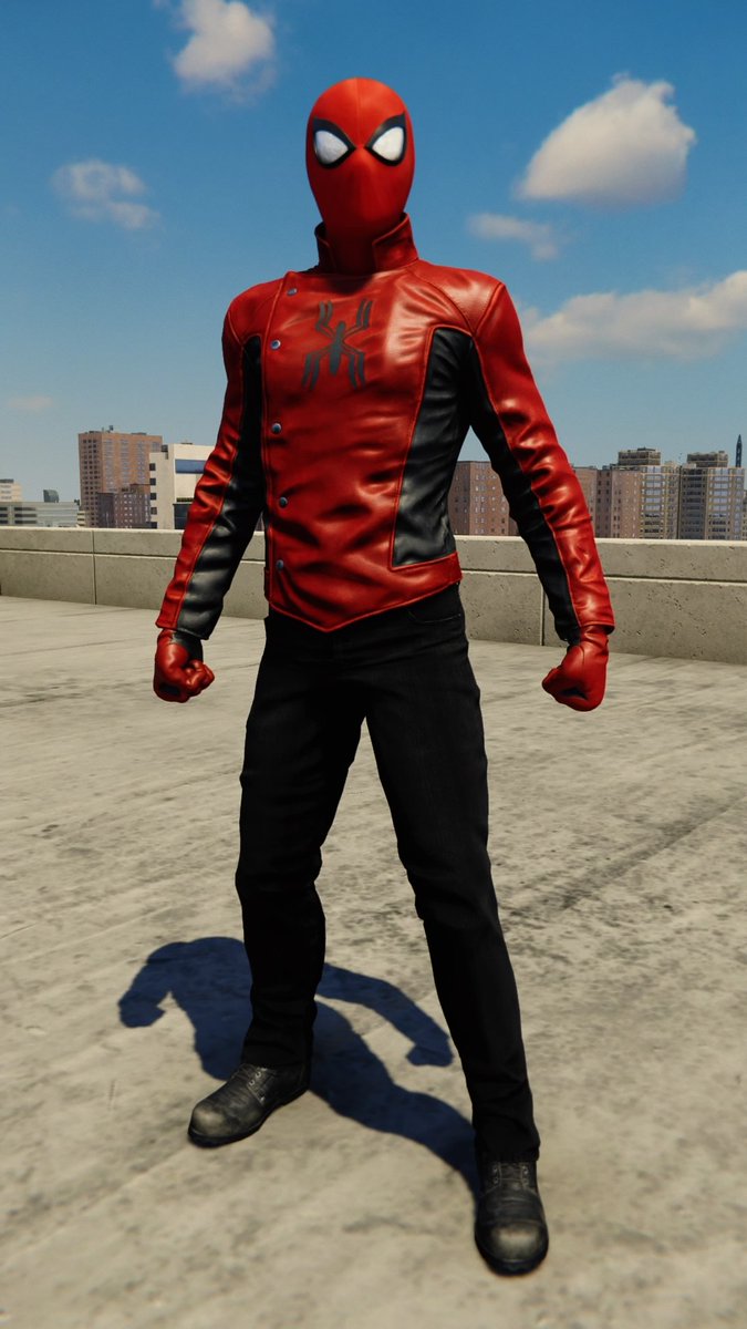 ◦ Last Stand Suit ◦⌁ suit power: enemies cannot block or interrupt your attacks, even if they have shields ⌁ not gonna lie, love the colors⌁ AND i love the texture of the leather⌁ black jeans for the win⌁ suit from an alternate reality