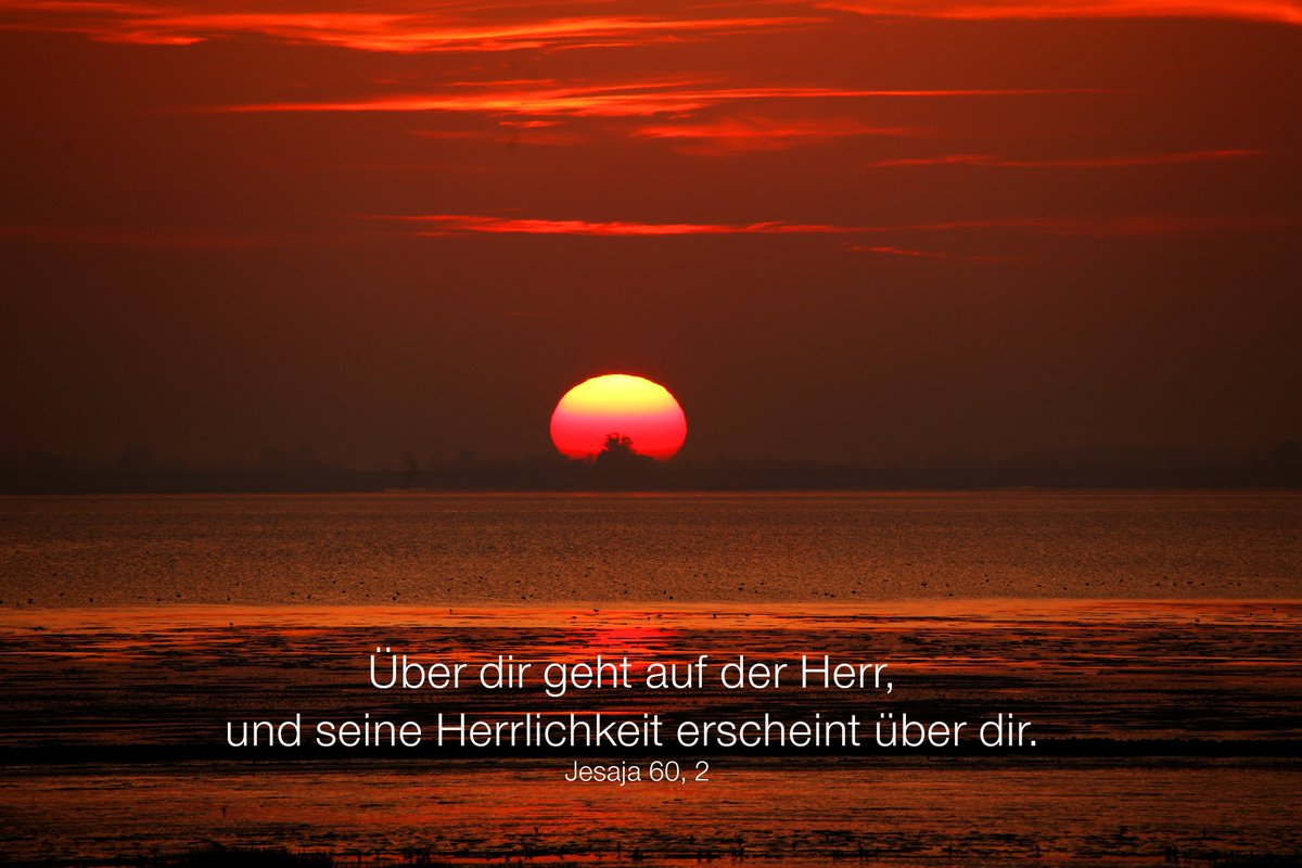 Ein rot-schwarzer Sonnenuntergang über der Nordsee, in der Sonnenscheibe einige Bäume und ein Windrat. Dazu der Wochenspruch: Über dir geht auf der HERR, und seine Herrlichkeit erscheint über dir. Jesaja 60,2