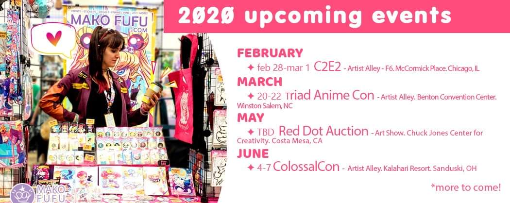 MakoFufu's tweet photo. ★★★Upcoming Events★★★ 

FEB
✦ 28- MAR 1 @c2e2 AA #c2e2 
MAR
✦ 20-22 #triadanimecon AA
MAY
✦ TBA #reddotauction @ChuckJonesCentr
JUN
✦ 4-7 @ColossalCon AA https://t.co/Kwzto8bceb