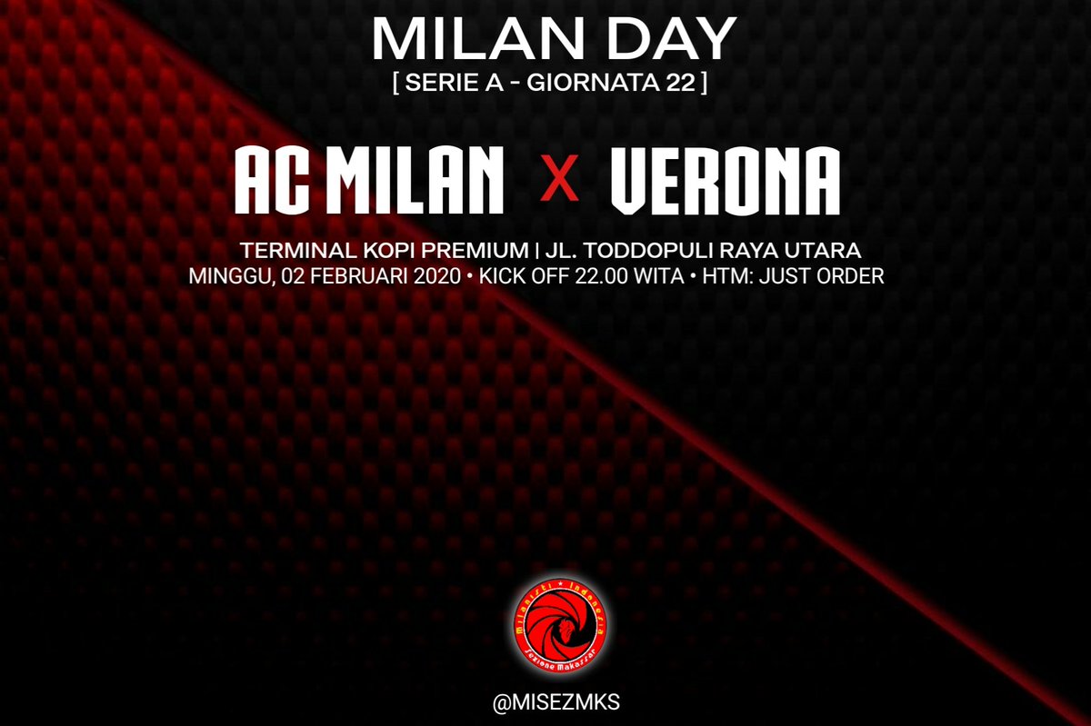 #MilanVerona
Terminal Kopi Premium (samping Warkop 115)
Minggu, 02/2/2020
Pkl 22.00 wita
HTM: Just Order
#ForzaMilan
<a href="/MilanistiOrId/">Milanisti Indonesia</a>