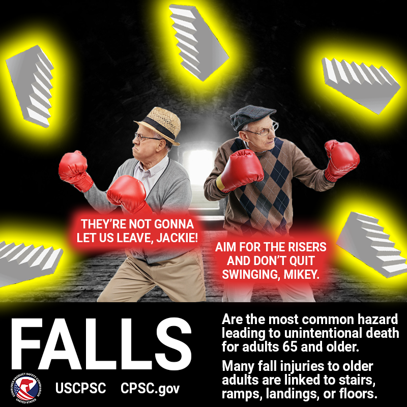 Two older gentleman fighting stairs. The text reads: Falls are the leading cause of unintentional death for older Americans.