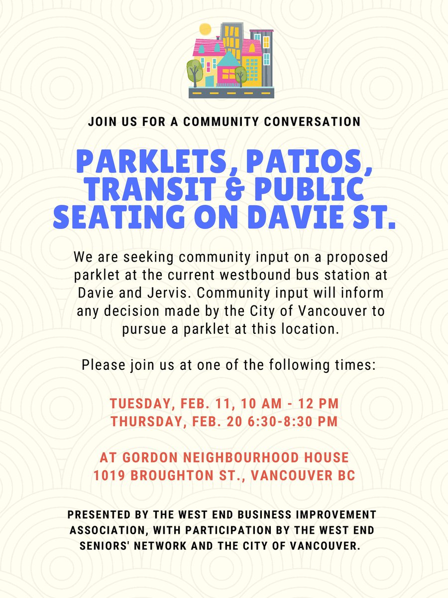 GordonNHouse (@gordonnhouse) on Twitter photo The <a href="/WestEndBIA/">The West End</a> in conjunction with the <a href="/CityofVancouver/">City of Vancouver</a> are seeking input on a proposed parklet at the current westbound bus station at Davie & Jervis.
We will be providing space for community members to be consulted on this proposal. Please join us on Feb 11 from 10am-12pm. The <a href="/WestEndBIA/">The West End</a> in conjunction with the <a href="/CityofVancouver/">City of Vancouver</a> are seeking input on a proposed parklet at the current westbound bus station at Davie & Jervis.
We will be providing space for community members to be consulted on this proposal. Please join us on Feb 11 from 10am-12pm.