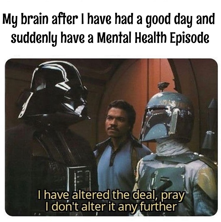 torch_in's tweet image. Have you ever had a day like this?

🖤

#starwarsmeme #mentalhealth #bpd #bpdwarrior #bpdawareness #depression #depressionhelp #depressionhumor #bpdhumor #anxietymeme #starwars #darthvader #bobafett #anxiety #meme #mentalillnessmemes #mentalhealthhumor #humor #funny #alterthedeal