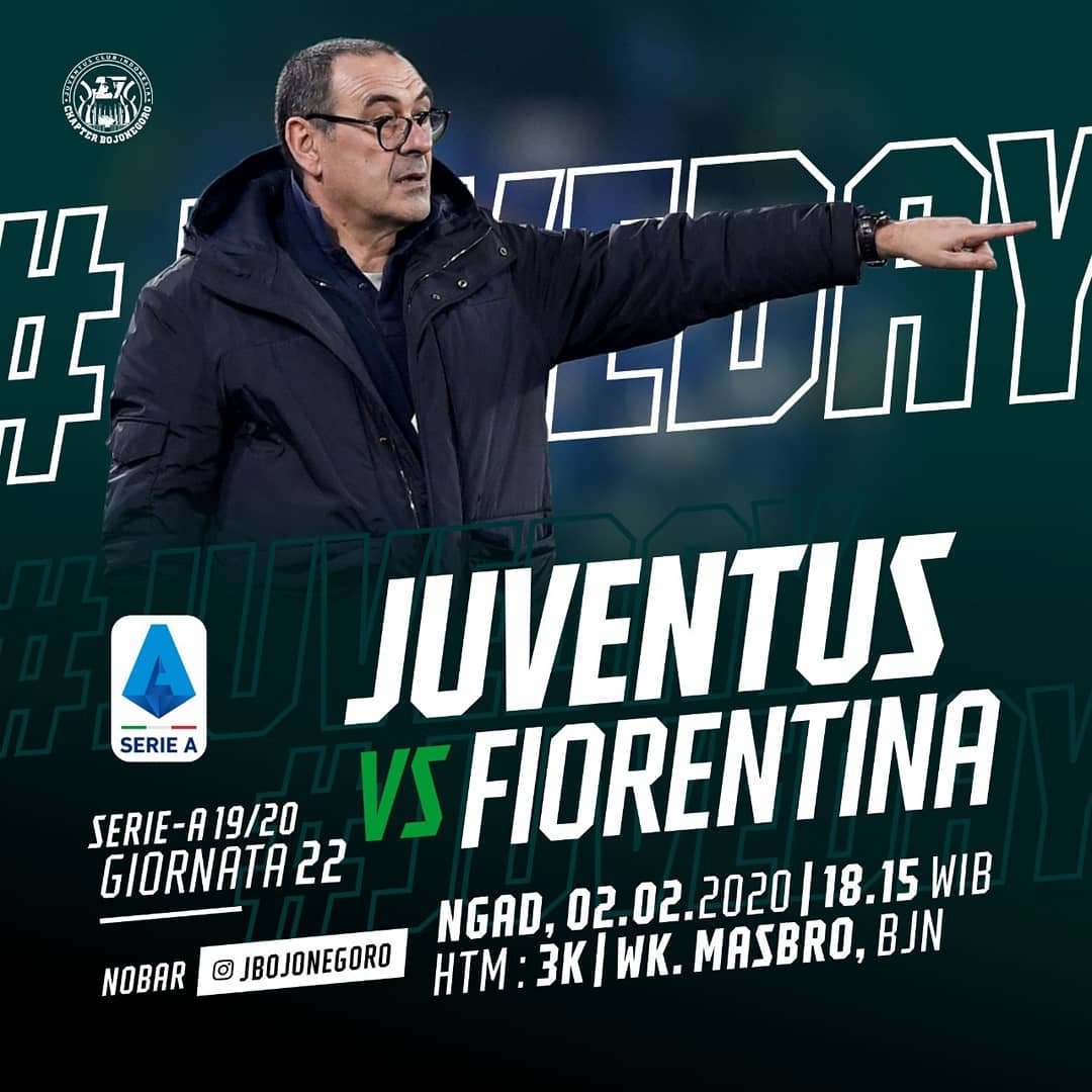 #Nobar
🏆 <a href="/seriea/">Lega Serie A</a> 19/20 Gio 22
⚽ <a href="/juventus/">JuventusMD</a> Vs Fiorentina
📅 Minggu, 02.02.2020
⏰ 18.15 WIB | 💰 3k
🏠 @alik_warkop_masbro
📞 @dimasbock31