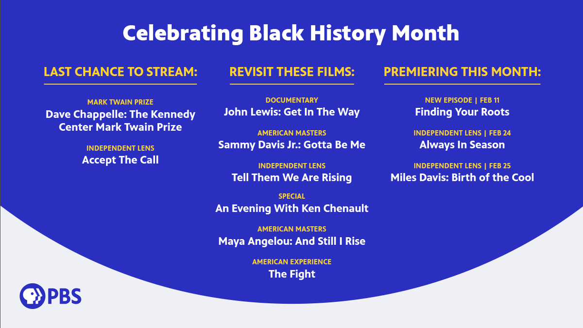 All month long, you can stream documentaries and shows that celebrate black history and culture. Here are just a few of those titles:  to.pbs.org/36NQc2G #BlackHistoryMonth