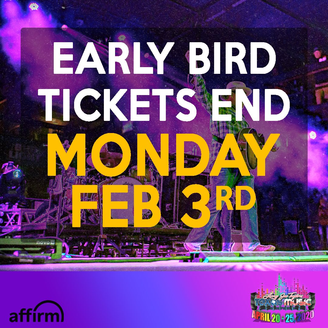 Last day for lowest ticket prices is Monday!  Early Bird tix available til midnight FEB 3rd so get em while they’re cheep-cheep🐣🐤 #LJT2020

larryjoetaylor.com/texas_music_fe…