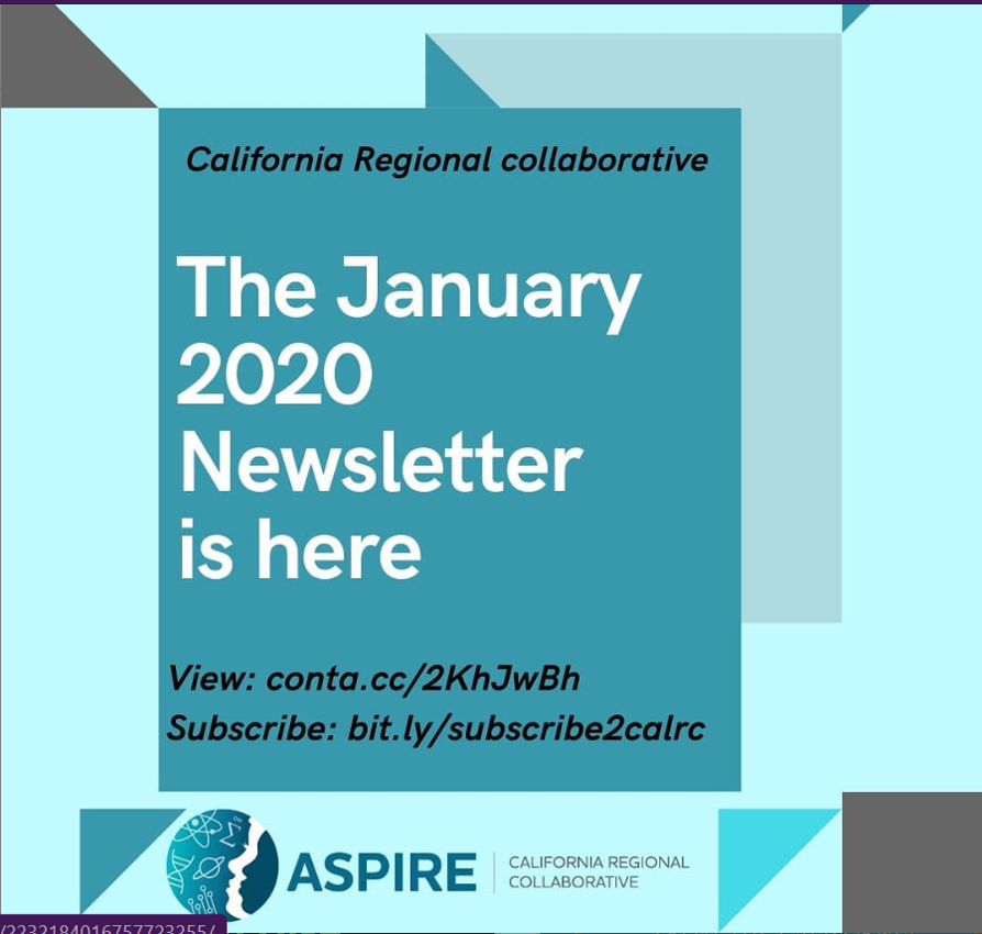 ASPIRE_CalRC's tweet image. The January Newsletter is now available! Check out all of the opportunities, news, and events going on to help promote excellence in STEM higher education!  conta.cc/2UbbPHl .
.
Don’t forget to subscribe to see all of our future newsletters. bit.ly/subscribe2calrc