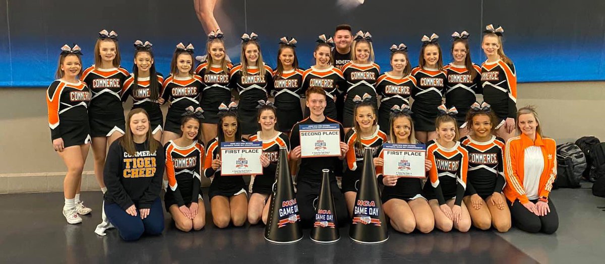 tigercheer20's tweet photo. These Tiger Cheerleaders can call themselves NCA Medium Varsity Game Day National Champions! 

1st Place - Band Chant
1st Place - Crowdleading 
2nd Place - Fight Song 

They’ll compete tomorrow at the Dallas Convention Center at 6:30 pm in Finals! Come support these athletes!! https://t.co/i9ttBVU0qC