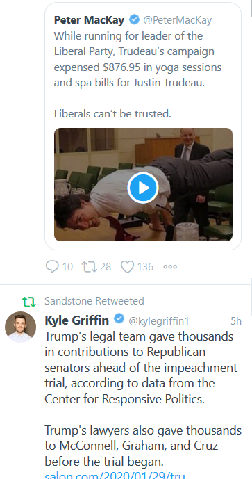 Tweet about Canadian scandal (Prime Minster spends under $1k on yoga sessions) followed by tweet about American scandal (President's legal team gave campaign contributions to jury ahead of criminal trial)
