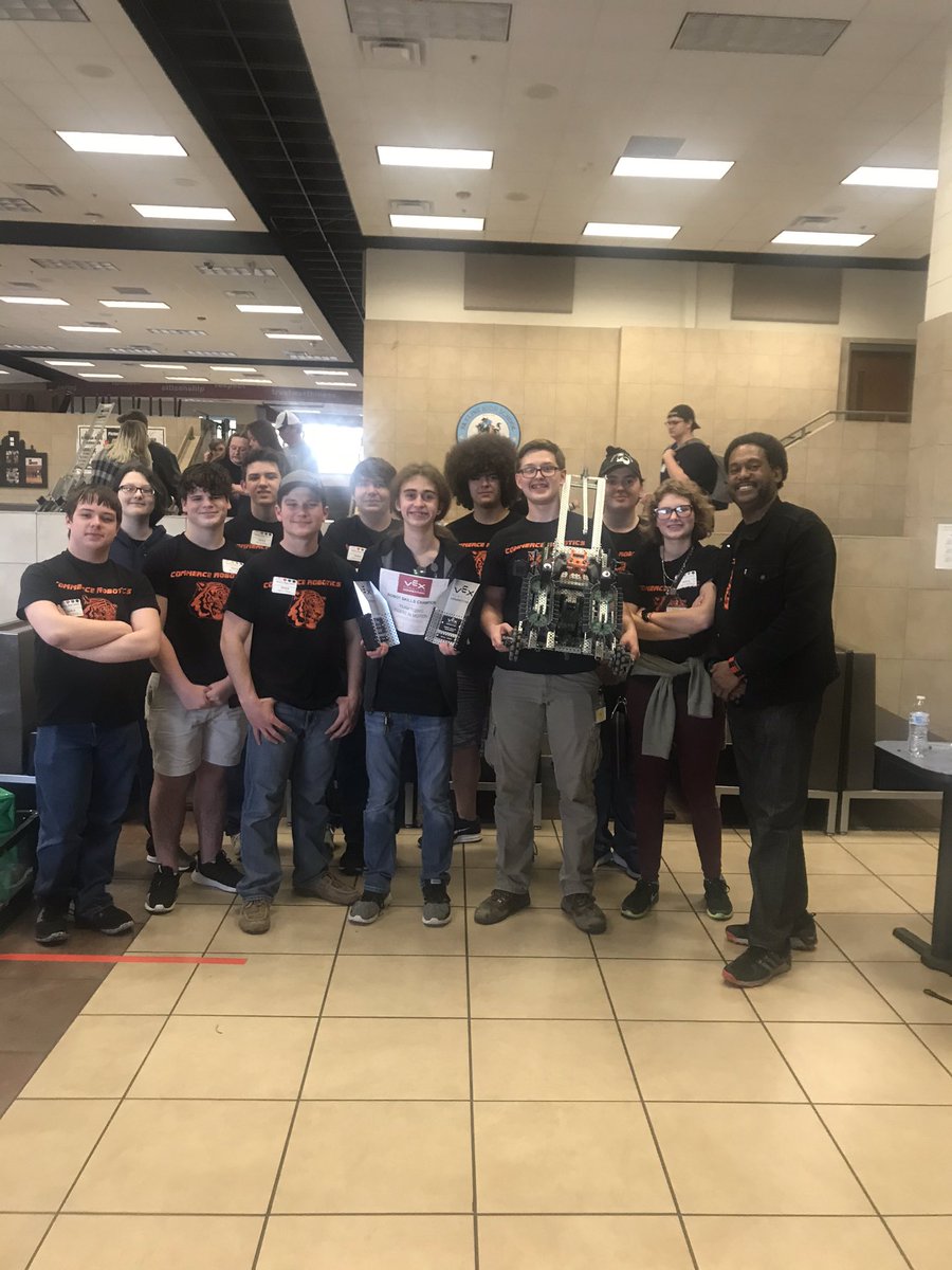 YESLarree's tweet photo. Congratulations to Commerce Tigers in Motion for winning the Skyline High School Robotics Tournament today!!!!  John “ The Hitman” Pittman Won the Tournament Championship Trophy AND the Robot Driver Skills Championship as well. Go Tigers!!! https://t.co/6btRqcewvN
