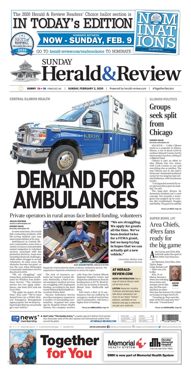 heraldandreview's tweet photo. The Sunday edition of the Herald &amp; Review, with @AnalisaTro 
@KNolenWrites 
@jconnHR 
@clayphoto 
Read these stories at https://t.co/8bKc9YjNyx.  #supportlocaljournalism #togetherdecatur https://t.co/z82EBwNtds