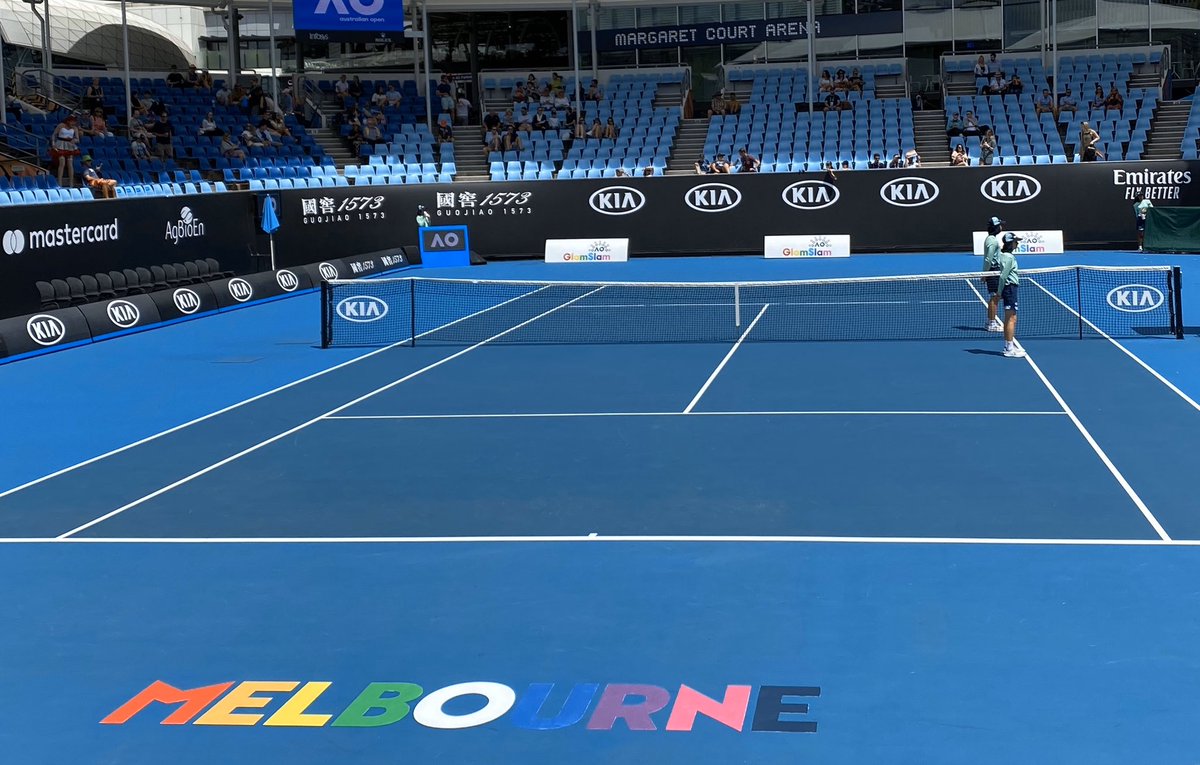 Image of Australian Open Court 3 with the Melbourne sign painted rainbow for the LGBTIQ+ glam slam tournament