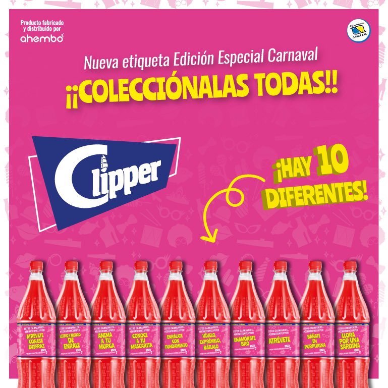 ¿Aún no has ido por el súper de tu barrio? ¡ESTÁS TARDANDO! ⏰ 

Colecciona las 10 ediciones de Clipper carnaval... ¿Quién será el primero? 😏

#YQueDiganLoQueQuieran <a href="/RefrescoClipper/">Refresco Clipper</a> <a href="/elaboradoaqui/">ElaboradoEnCanarias🇮🇨</a>