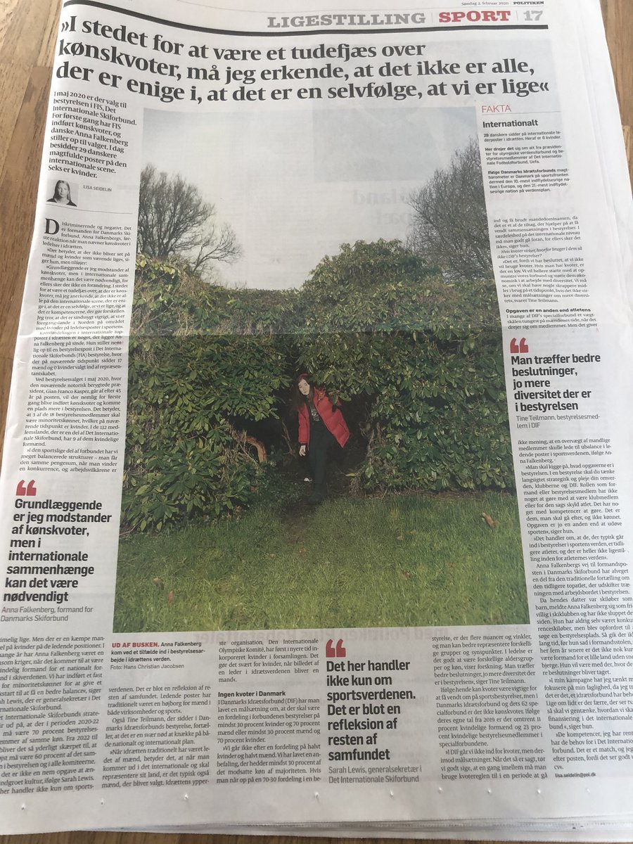 Starter dagen med god artikel fra <a href="/politiken/">Politiken</a> om den internationale kampagne, som vi i <a href="/DIFidraet/">DIF - Bevæger Danmark</a> er gået i gang med, så vi kan få valgt Anna Falkenberg til bestyrelsen i Det Internationale Skiforbund og få slået hul på nuværende kønsfordeling på 17-0 til mændene