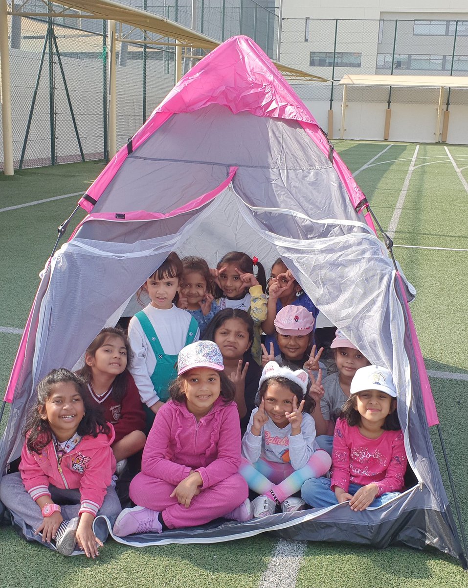 StaceyJudith's tweet photo. Our happy campers 🥰 #TheRedRiders #NMSKGDayCamp ⛺ #Kg1BRainbowsOfKindness🌈 #NMSKG @gemsnms_alkhail https://t.co/hiPJiQKBXM