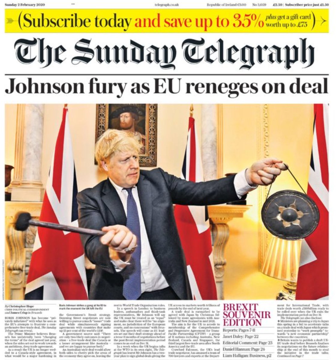 Sunday Telegraph: "Johnson fury as EU reneges on deal"