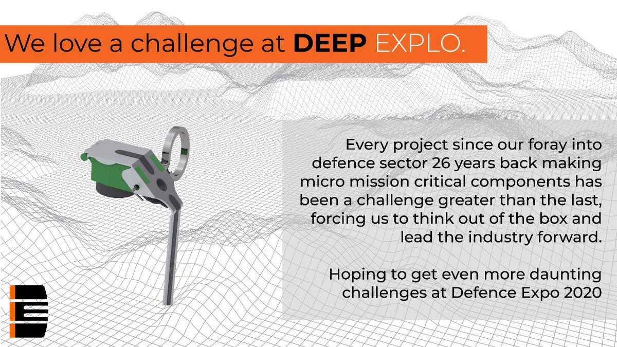 @DeepExplo is going to be at @DefExpoIndia for even more daunting challenges. Come & see where we stand in  #DefenceManufacturing, do catchup & get enthralled.

PS: Catch us at DefExpo 2020, 
Hall - 3, Stall T - 18
@DefenceMinIndia  @AirForceReviews 
@DefencePost @minmsme @upmsme